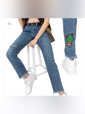 POL Distressed Raw Hem with Cactus Embroidery Denim Jeans